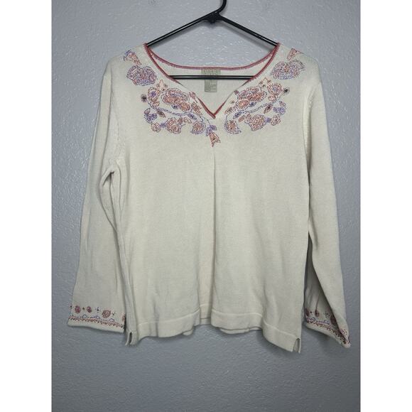 Sigrid Olsen Cotton Blend Beaded Floral Cream Sweater V Neck Vintage Size XL - Picture 1 of 9